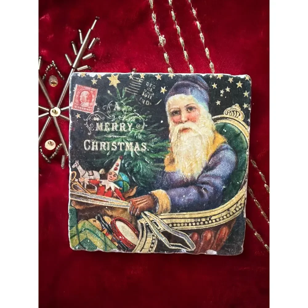 Studio Vertu Handmade Victorian Christmas Santa 4” Coaster Set Made USA Gift